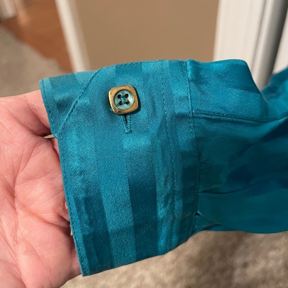 Vintage Genelli 100% Silk Button Up Shirt Mens L Tone On Tone Striped Teal - Picture 5 of 8